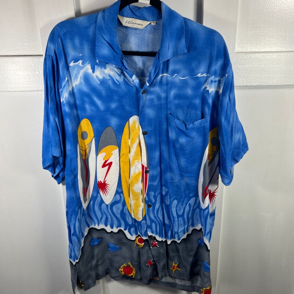 Uluwatu Mens XL Blue Surfboard Graphic Short Sleeve‎ Button Down Camp Shirt